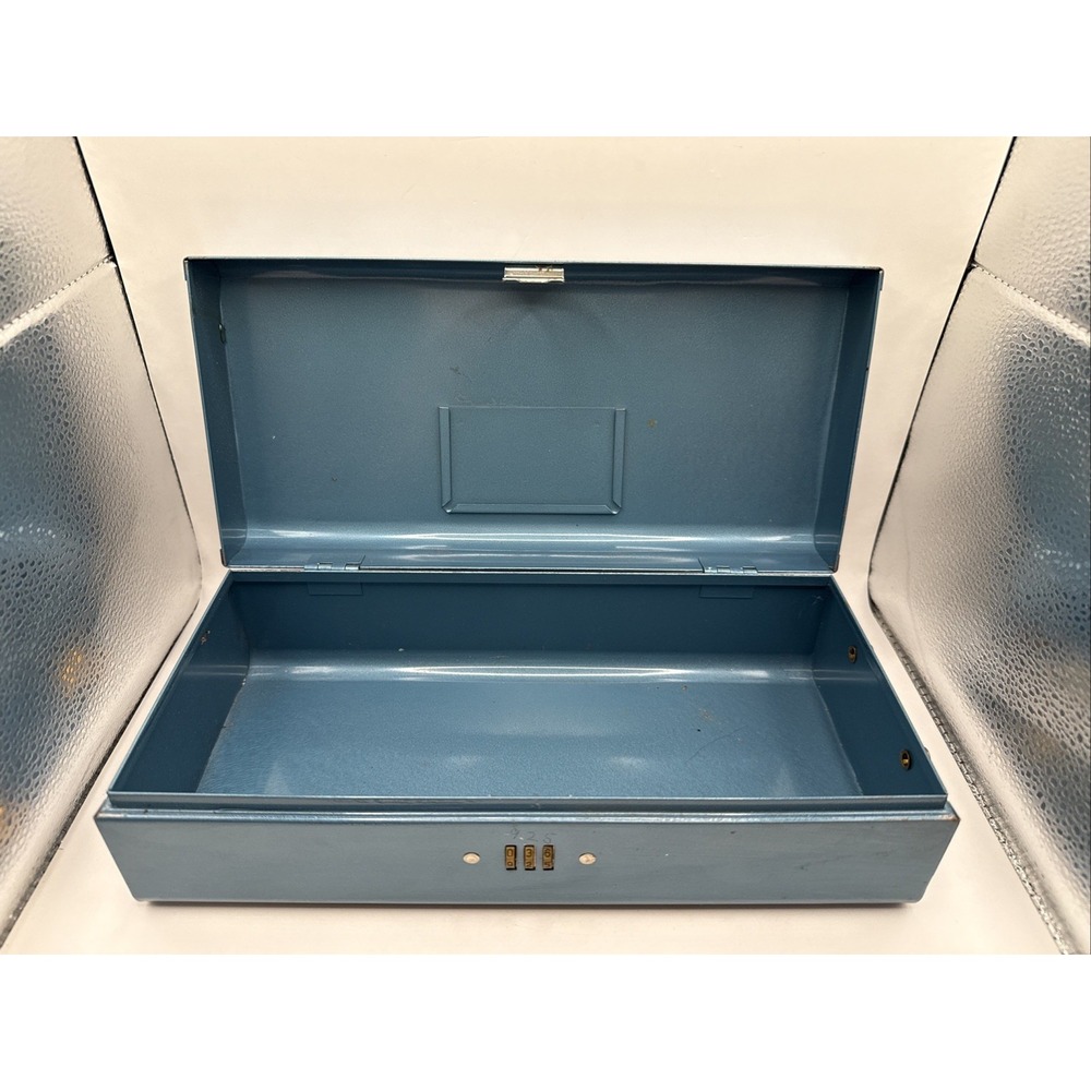 Vintage Blue Metal Combination Lock Document Box Acacia Mutual Life Durham Mfg.